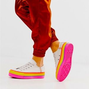Converse Low Top Sneakers in White with Pink, Yellow & Orange Platform